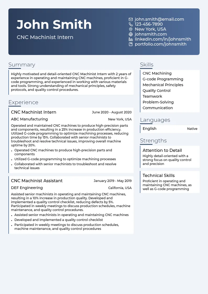 CNC Machinist Intern resume example