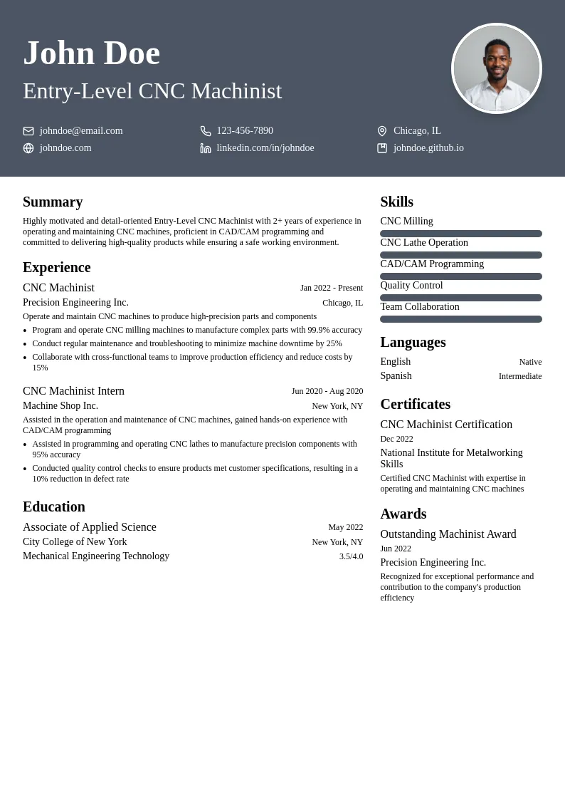 Entry-Level CNC Machinist resume example