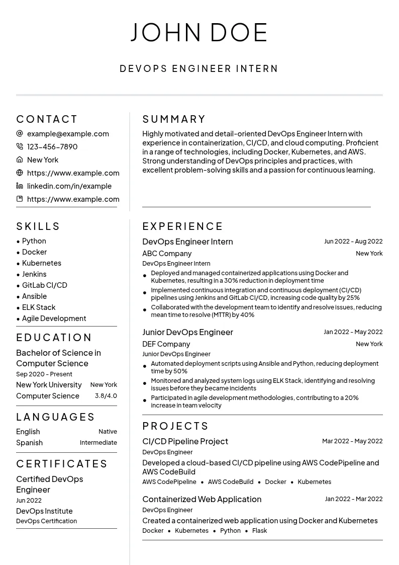 DevOps Engineer Intern resume example
