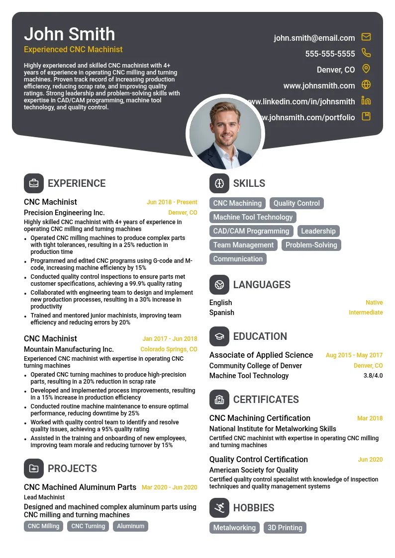 Experienced CNC Machinist resume example