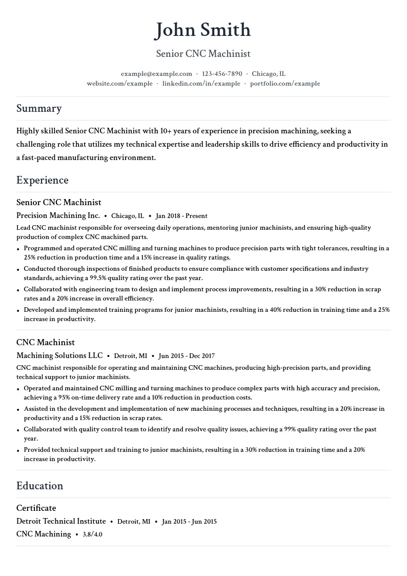 Senior CNC Machinist resume example