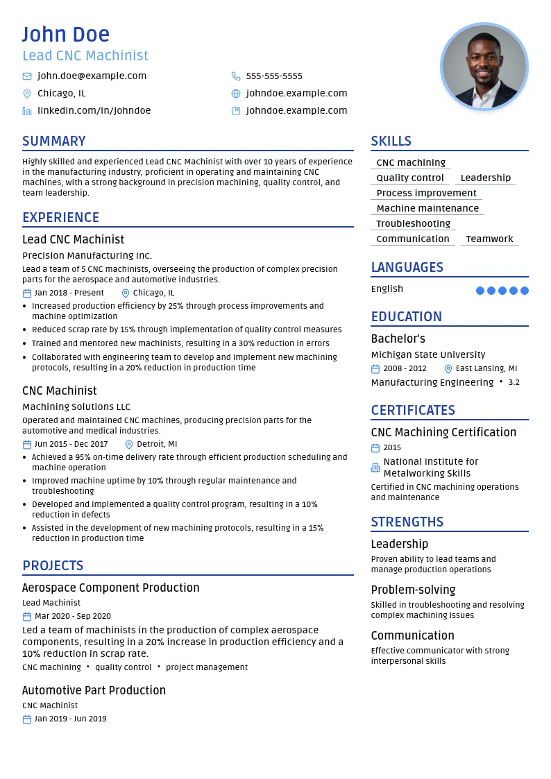 Lead CNC Machinist resume example
