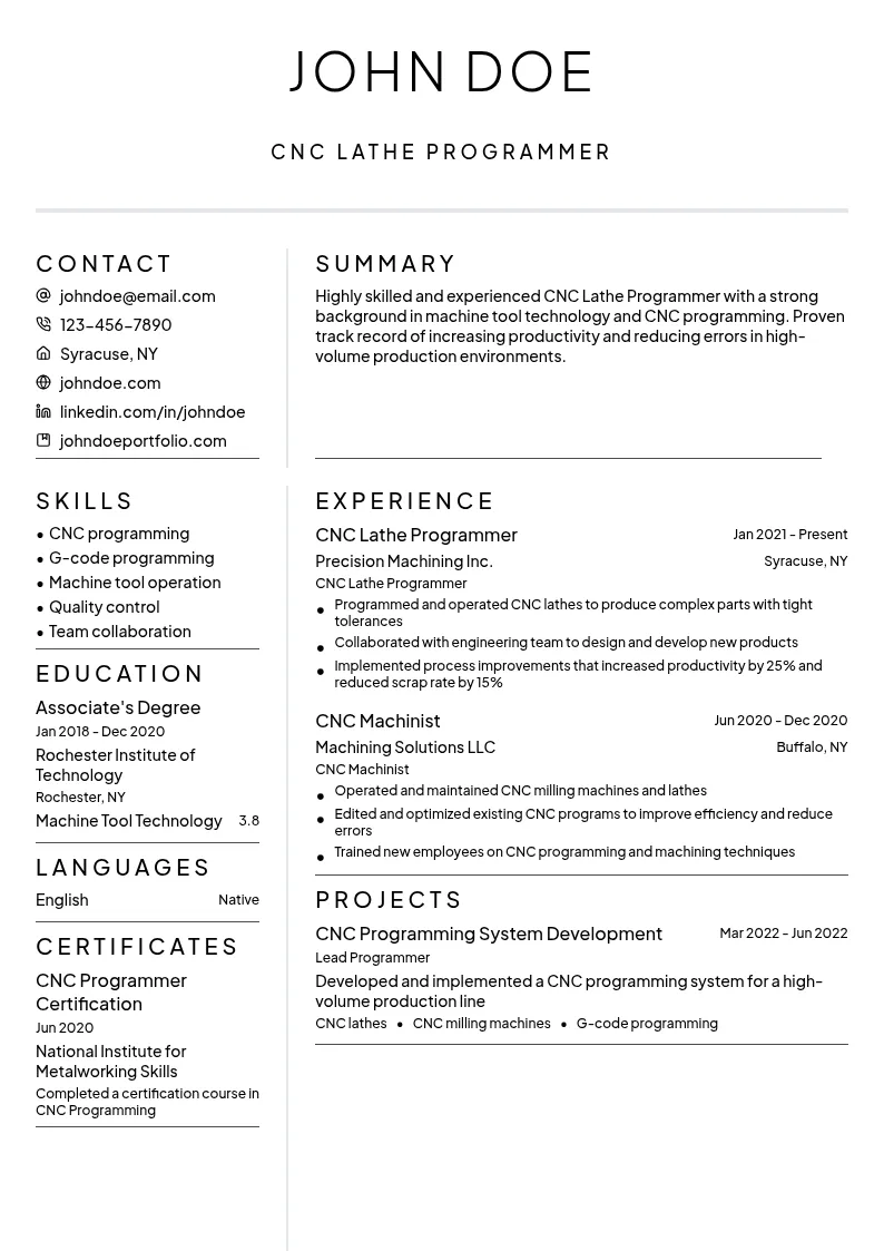 CNC Lathe Programmer resume example