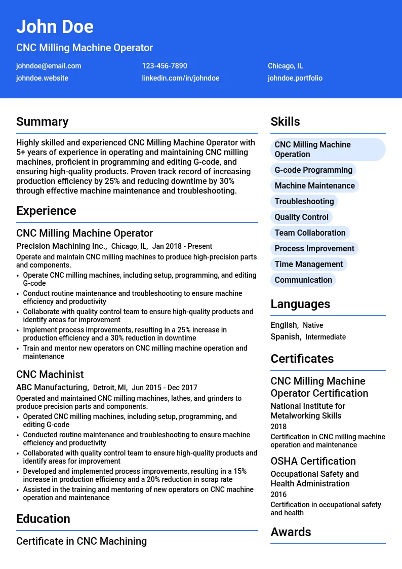 CNC Milling Machine Operator resume example