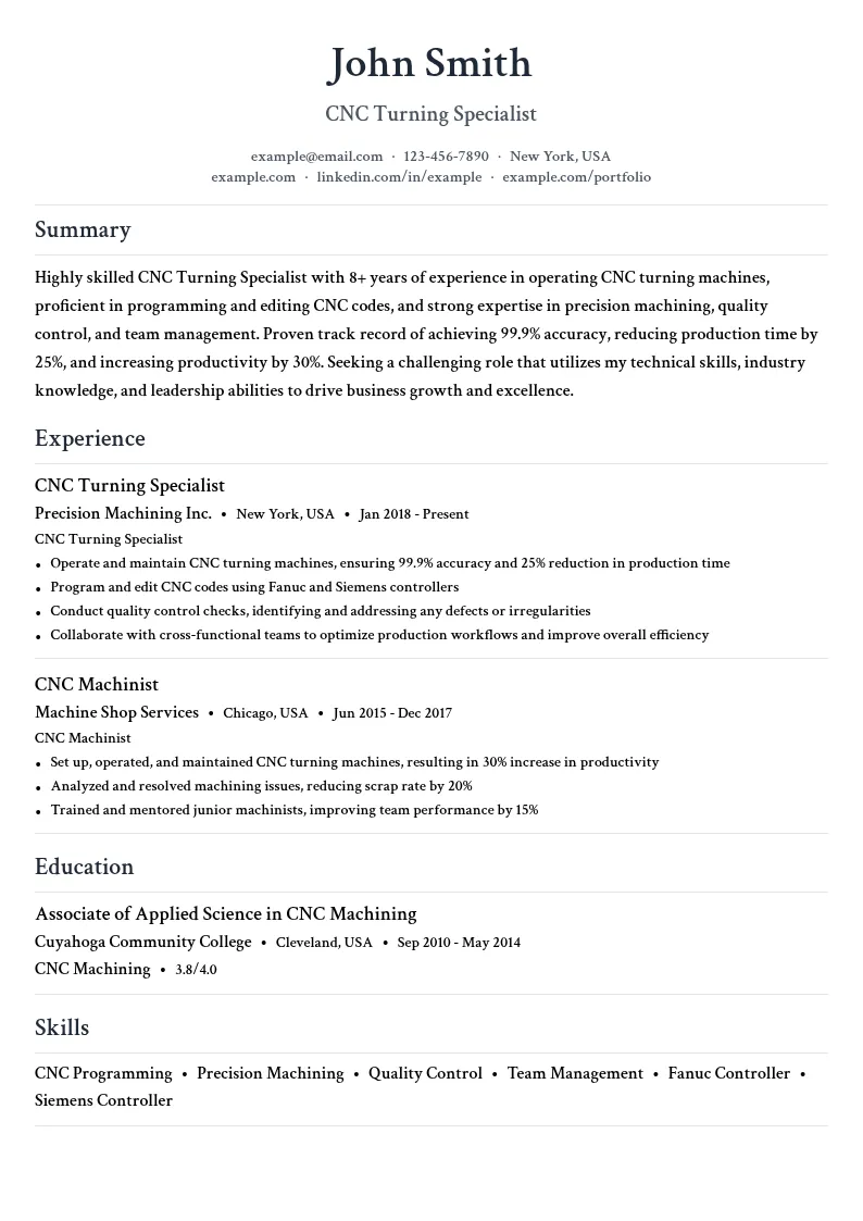 CNC Turning Specialist resume example