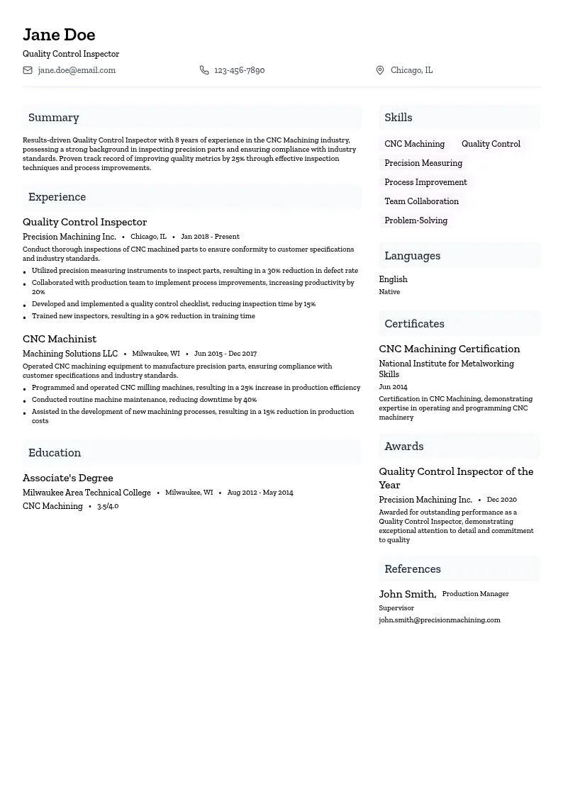 CNC Machining Quality Control Inspector resume example