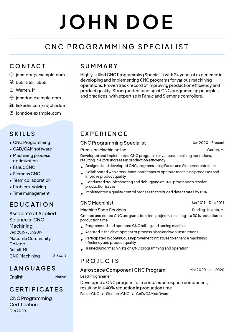 CNC Programming Specialist resume example