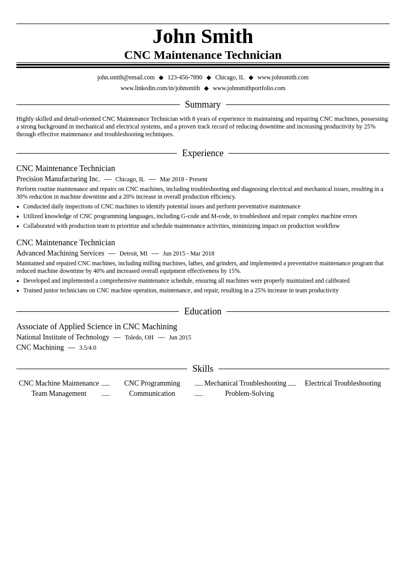 CNC Maintenance Technician resume example