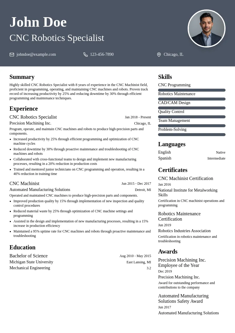 CNC Robotics Specialist resume example