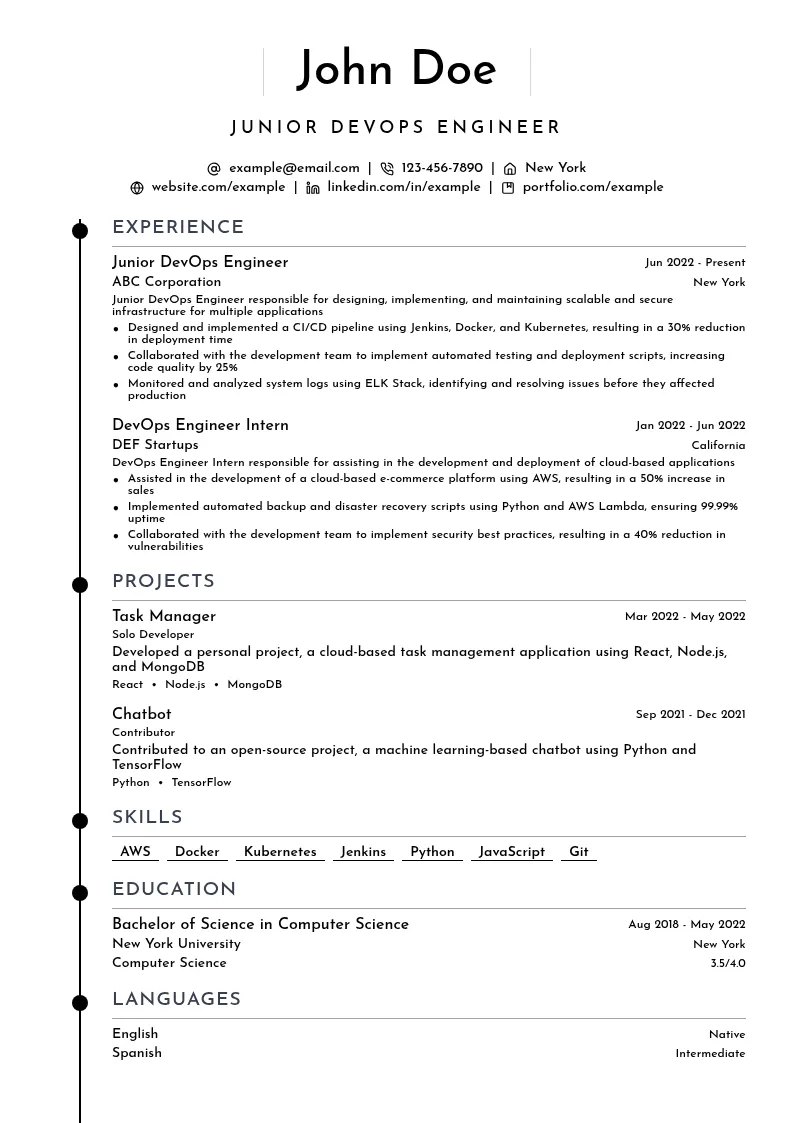 Junior DevOps Engineer resume example