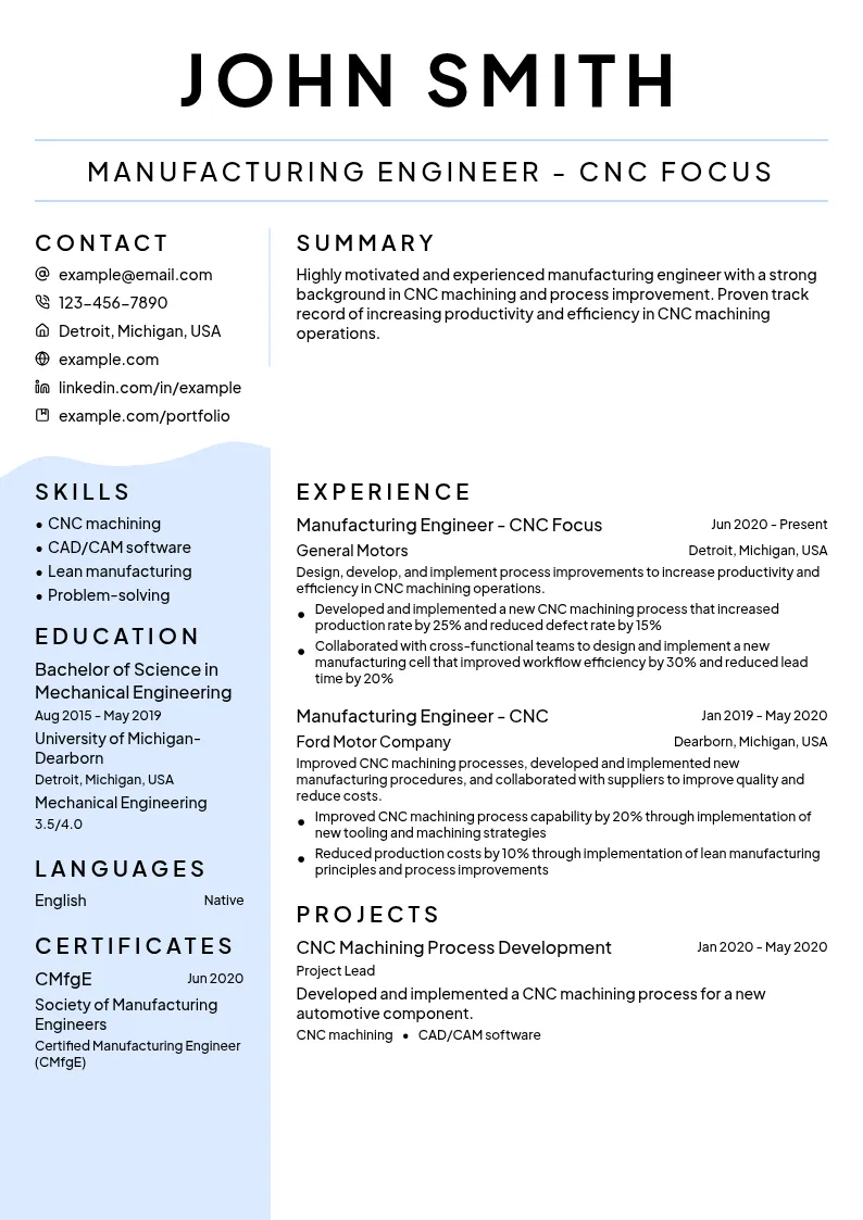 Manufacturing Engineer - CNC Focus resume example