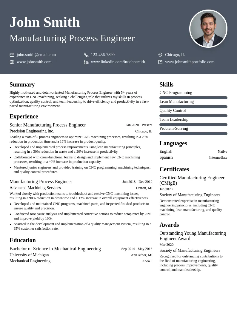 Manufacturing Process Engineer - CNC resume example
