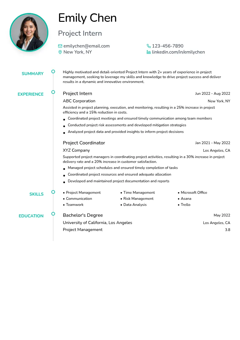 Project Intern resume example