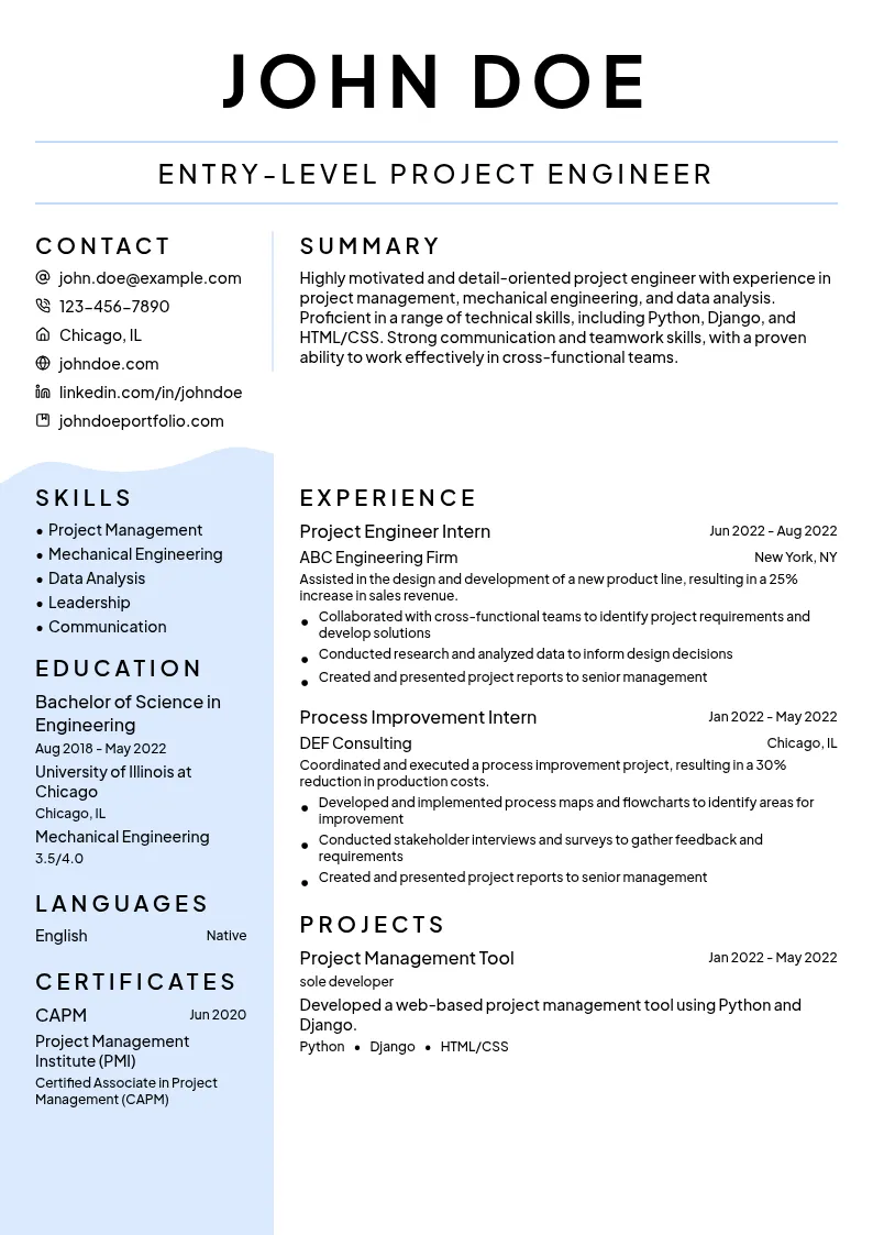 Entry-Level Project Engineer resume example