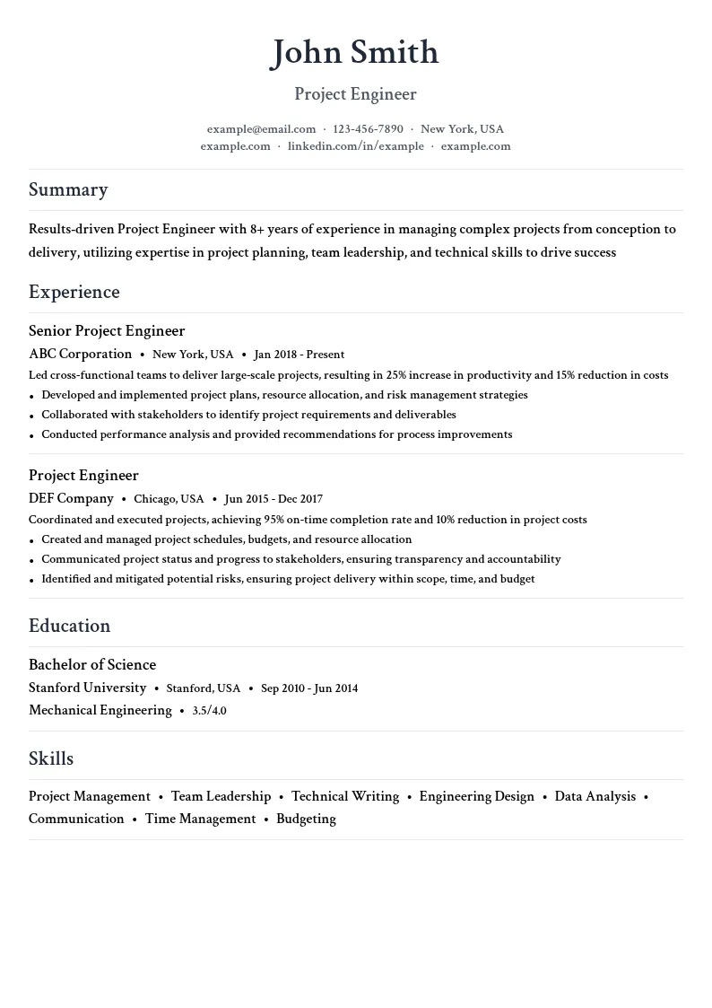 Project Engineer resume example