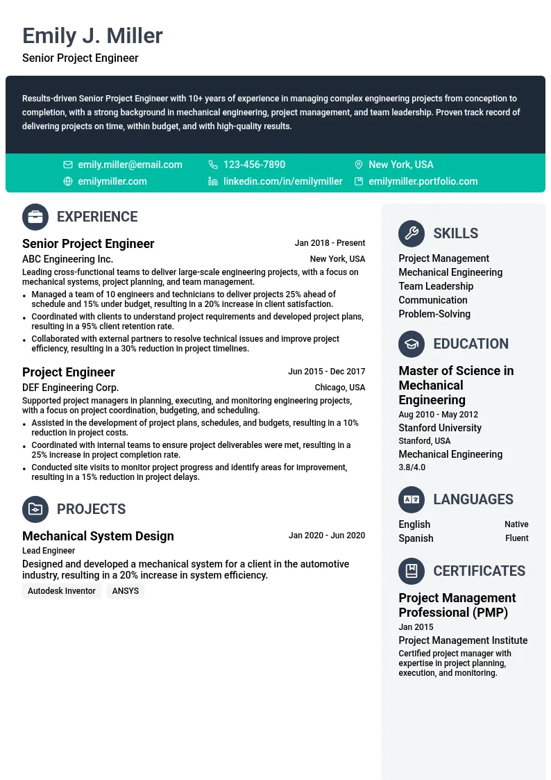 Senior Project Engineer resume example