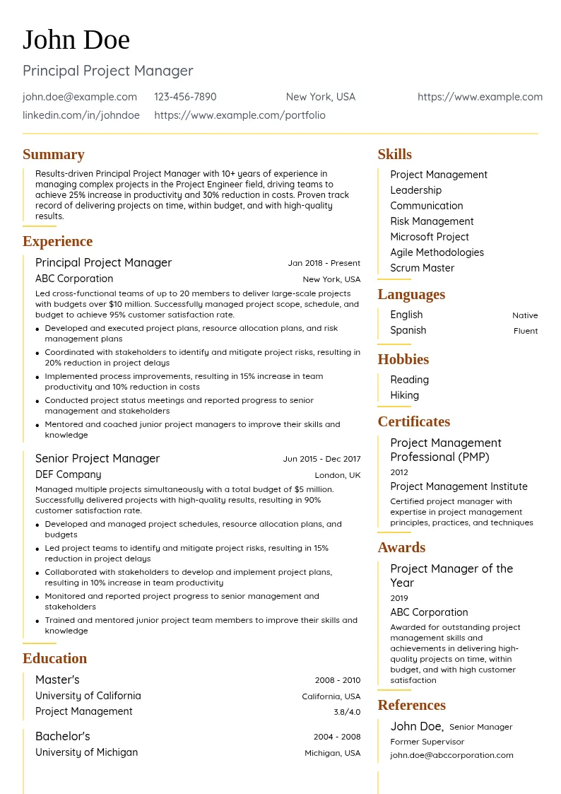 Principal Project Manager resume example