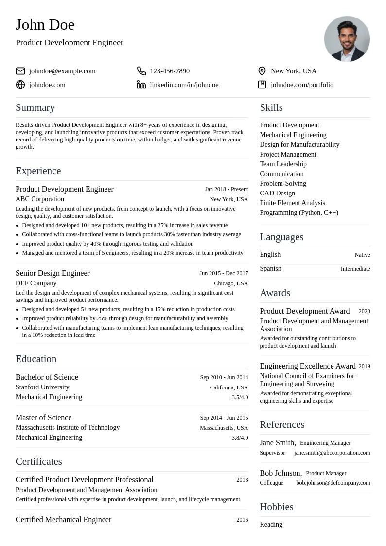 Product Development Engineer resume example