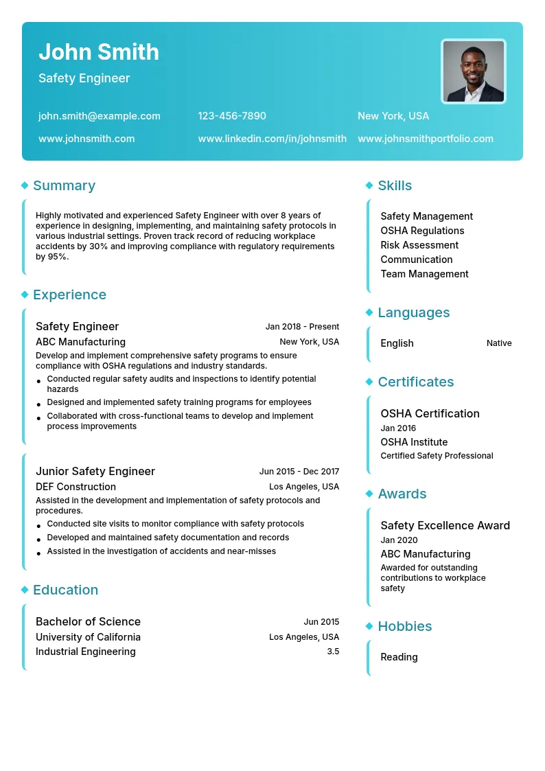 Safety Engineer resume example