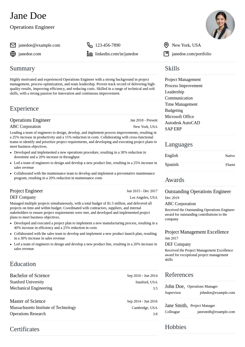 Operations Engineer resume example