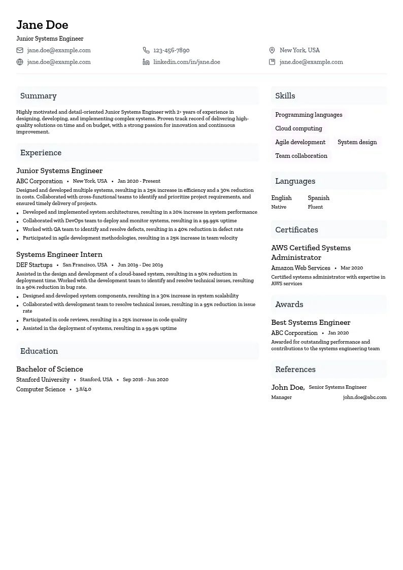 Junior Systems Engineer resume example