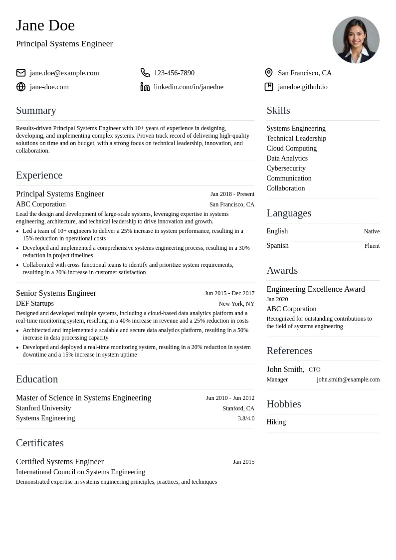 Principal Systems Engineer resume example
