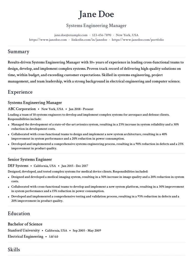 Systems Engineering Manager resume example