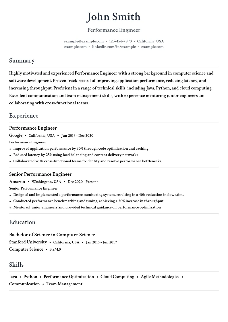 Performance Engineer resume example