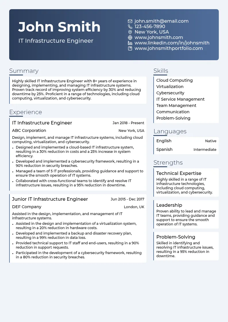 IT Infrastructure Engineer resume example