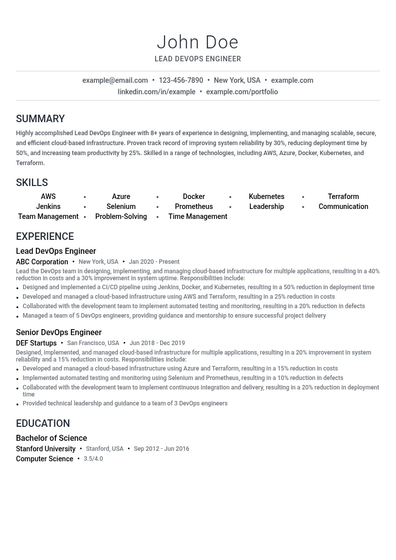 Lead DevOps Engineer resume example