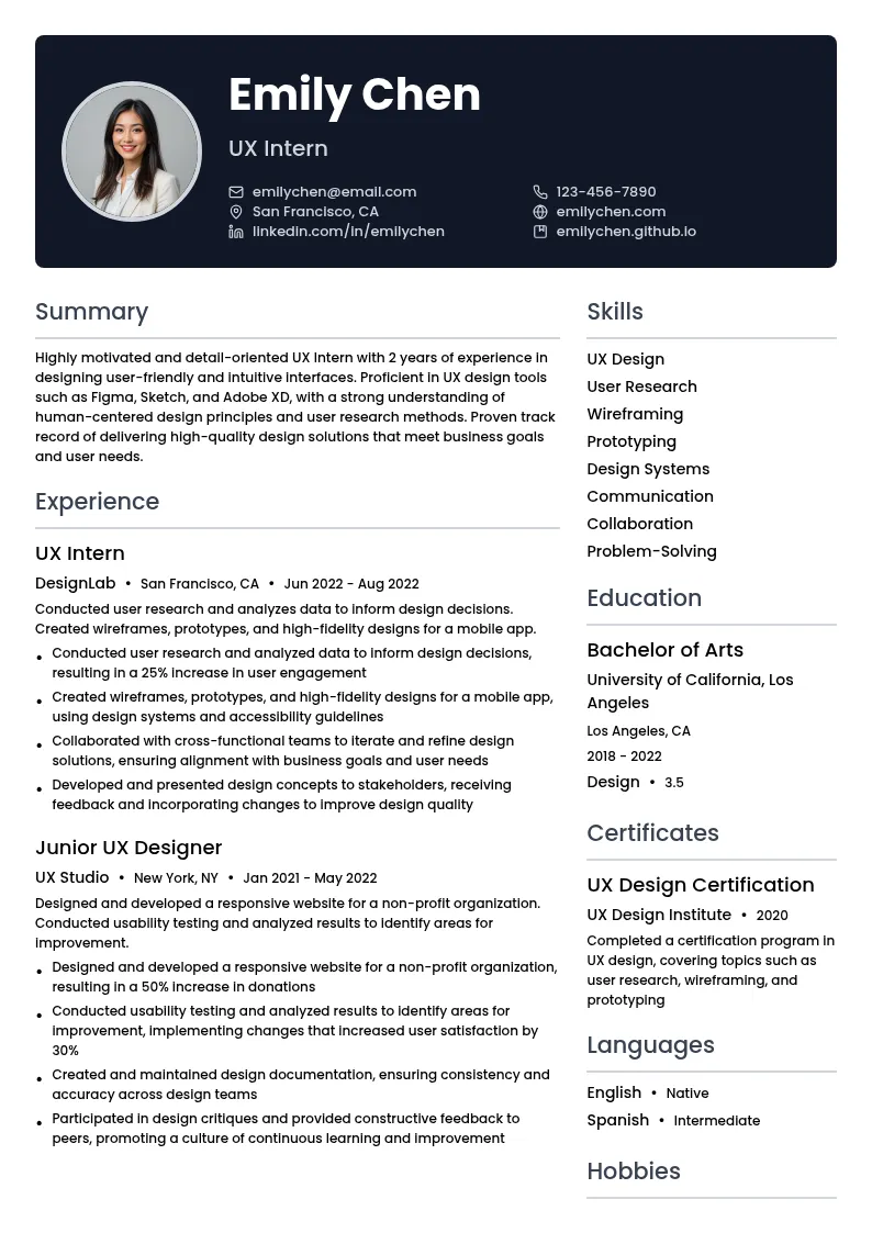 UX Intern resume example