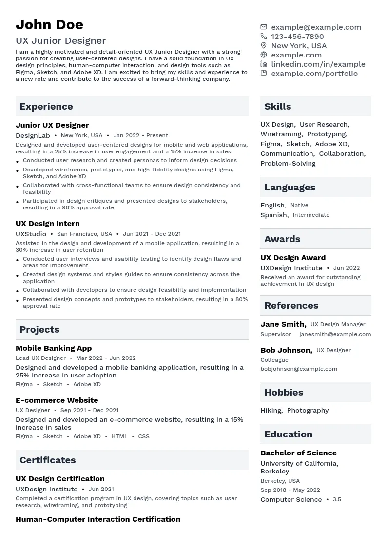 UX Junior Designer resume example