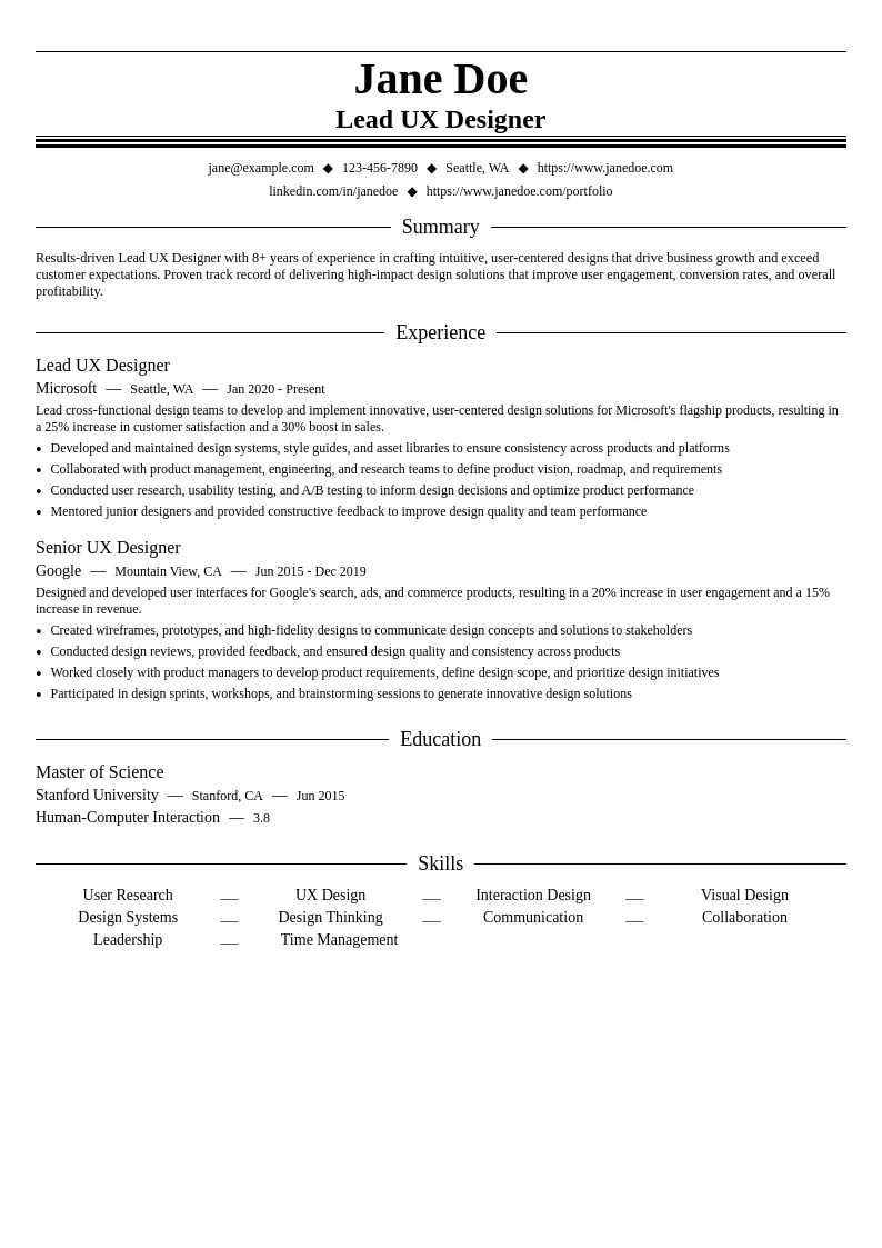 Lead UX Designer resume example