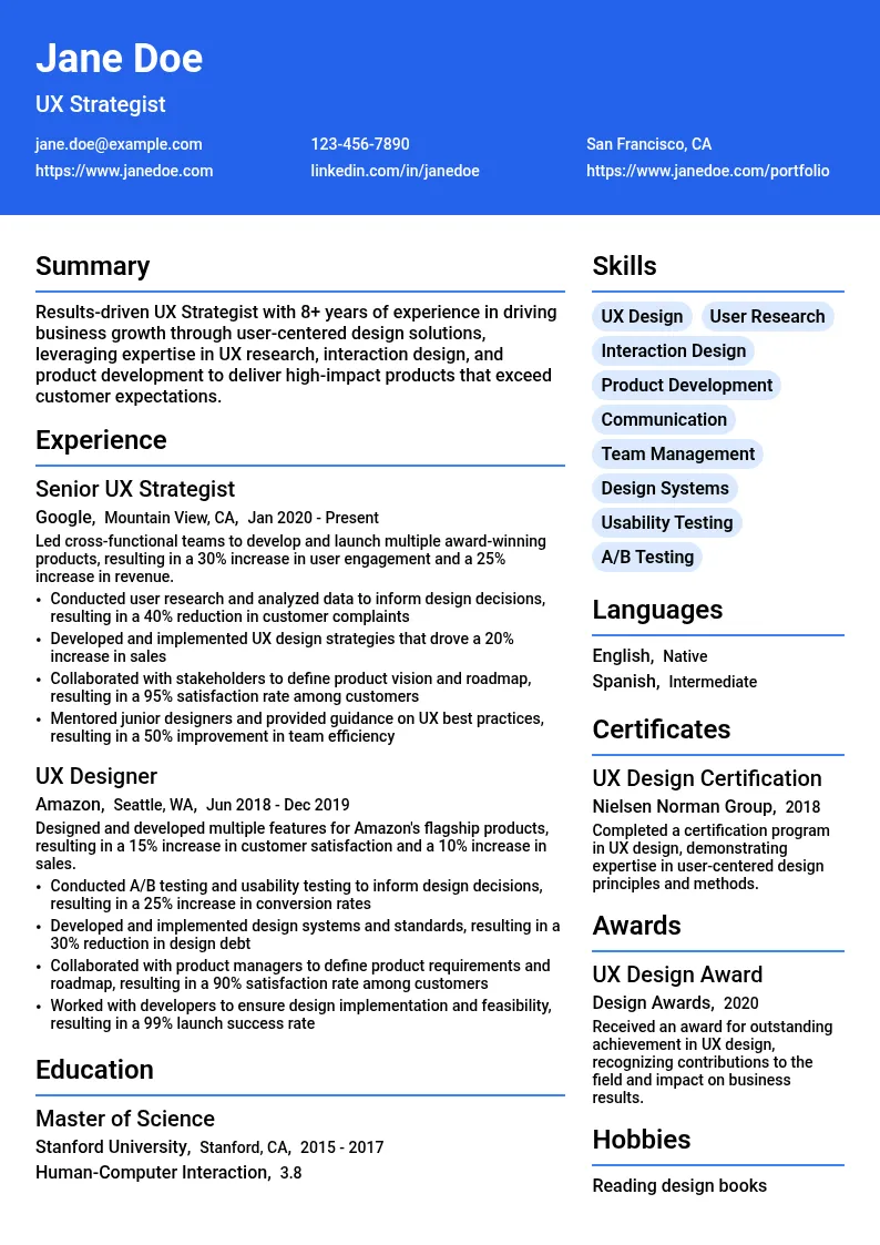 UX Strategist resume example