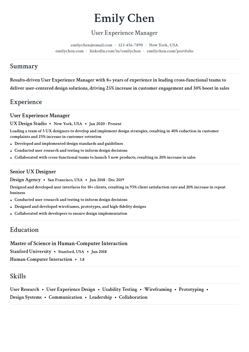 User Experience Manager resume example