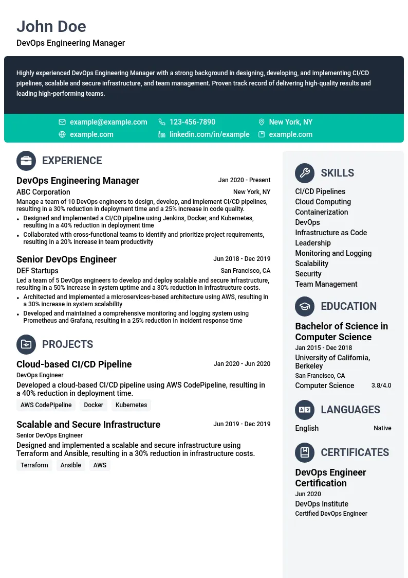 DevOps Engineering Manager resume example