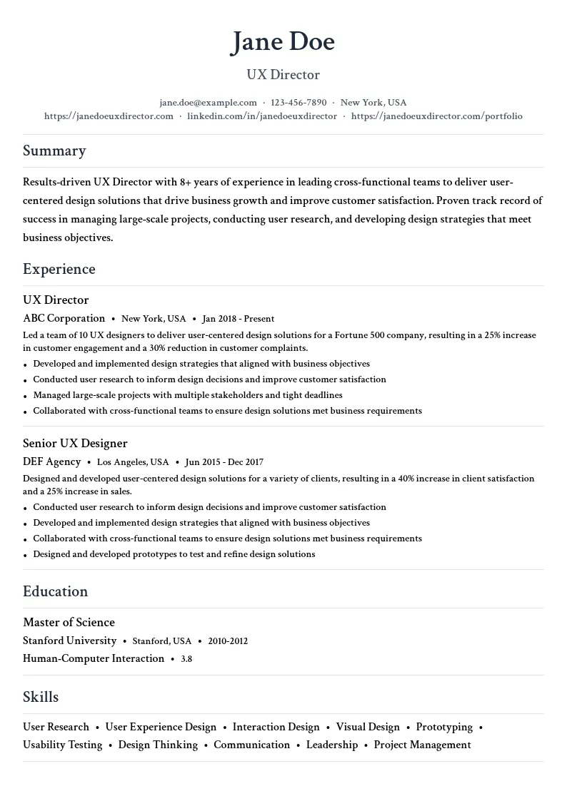 UX Director resume example