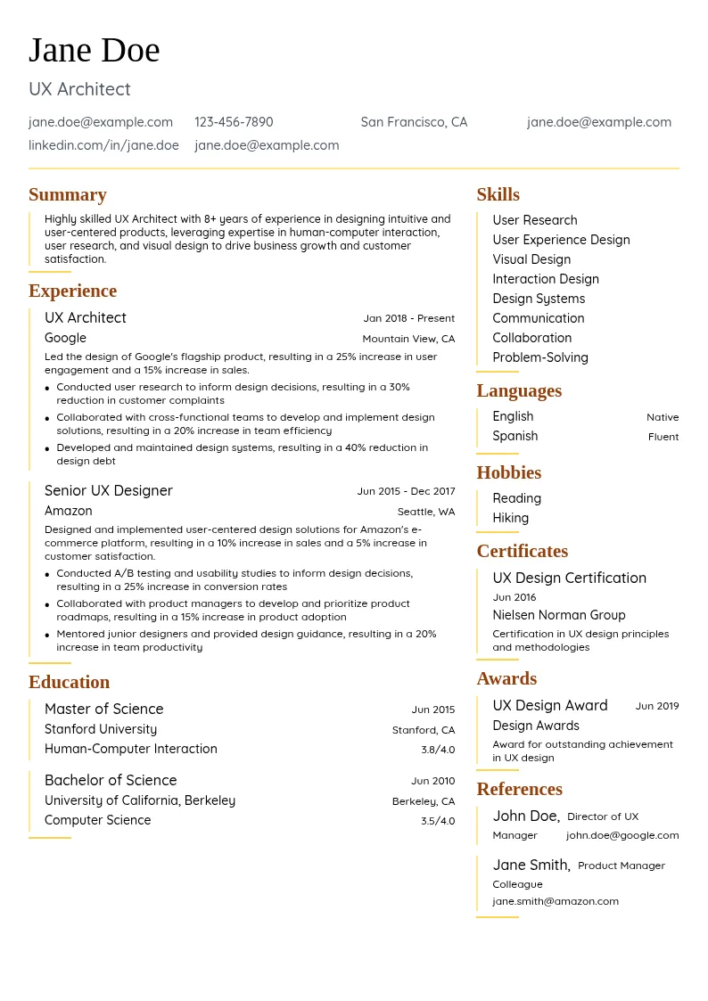 UX Architect resume example