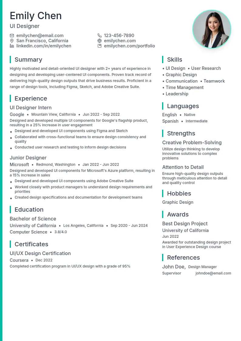 UI Designer Intern resume example