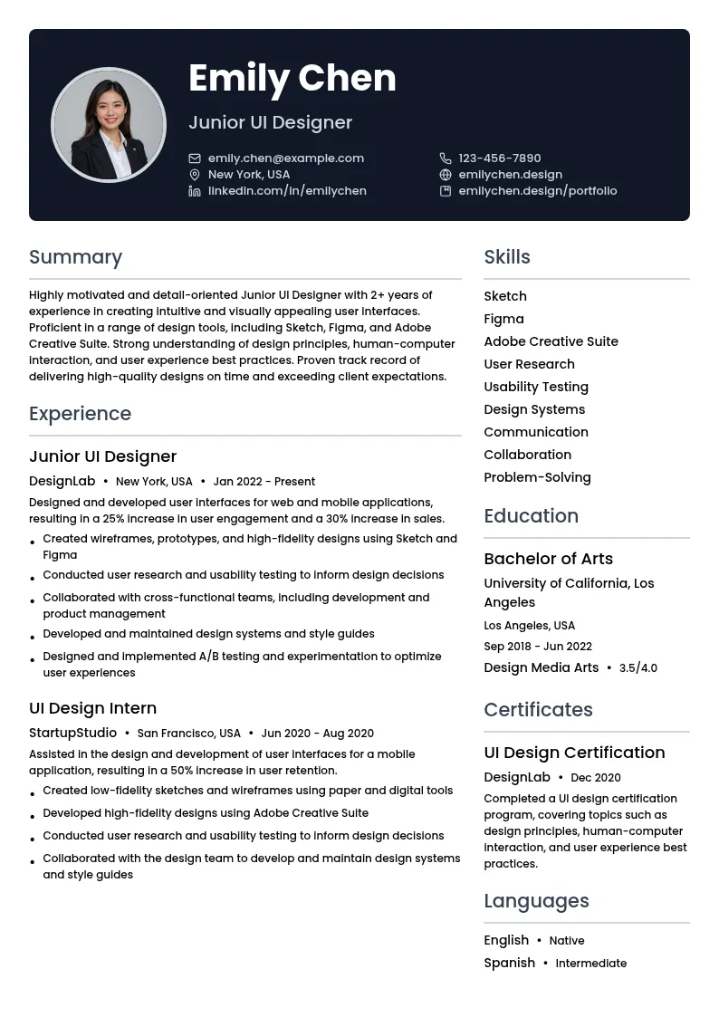 Junior UI Designer resume example