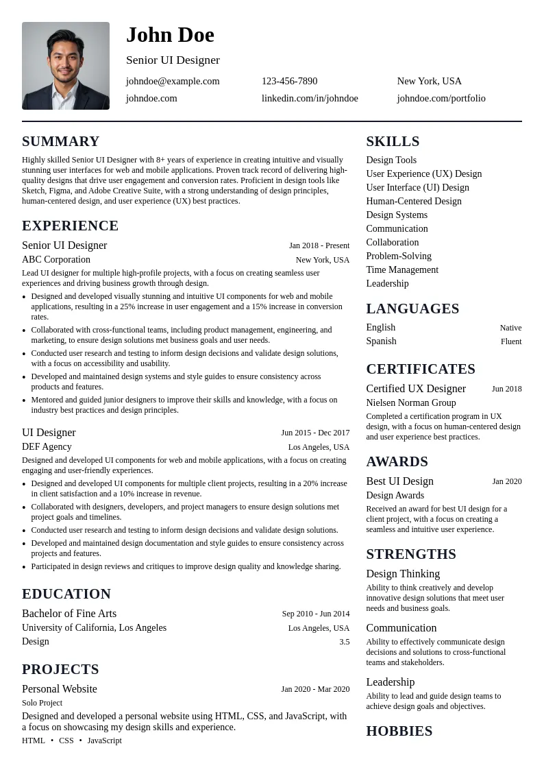 Senior UI Designer resume example