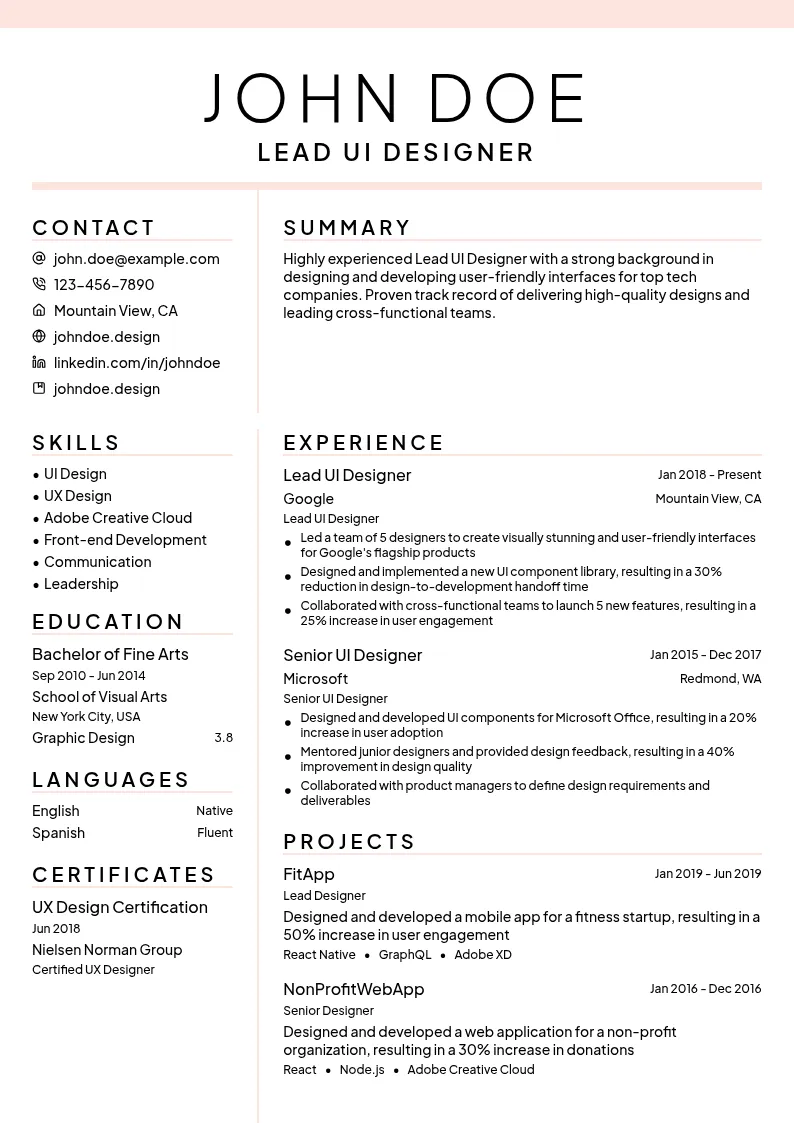 Lead UI Designer resume example