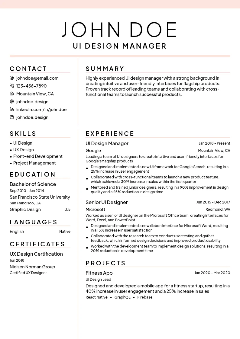 UI Design Manager resume example