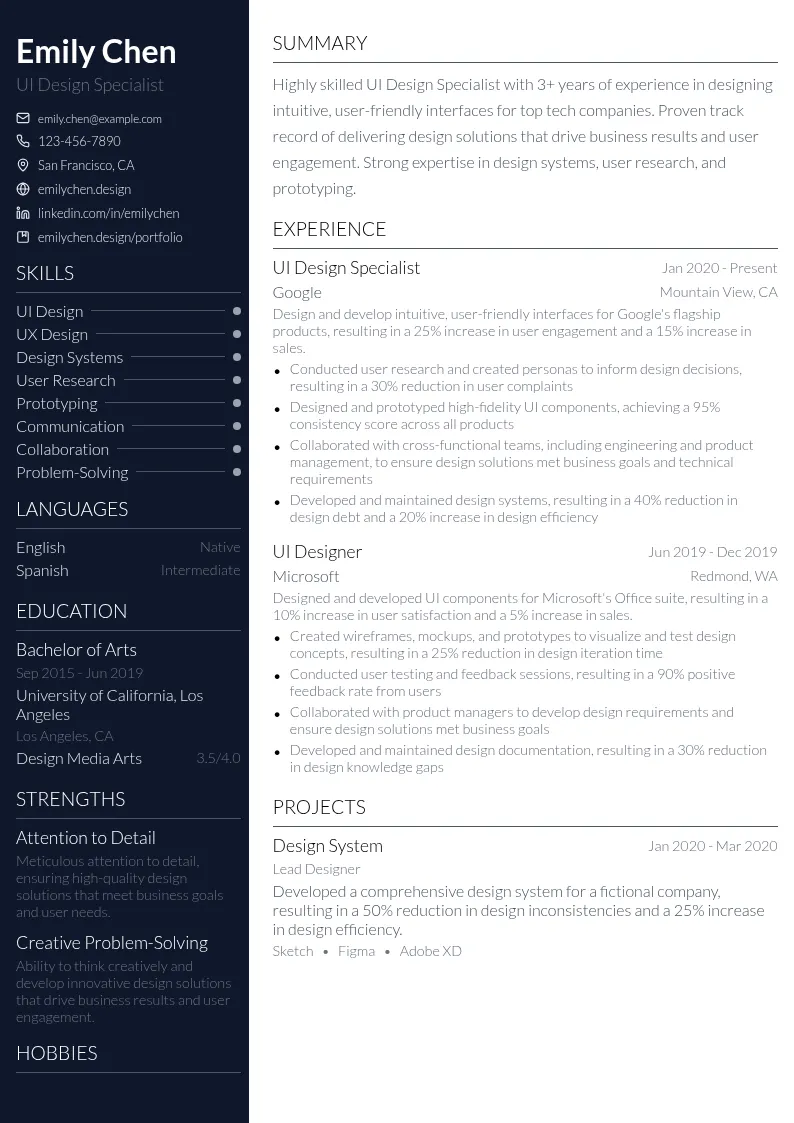 UI Design Specialist resume example