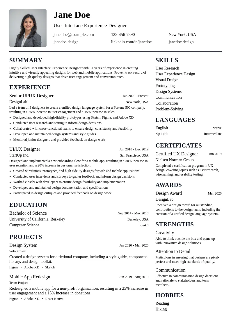 User Interface Experience Designer resume example
