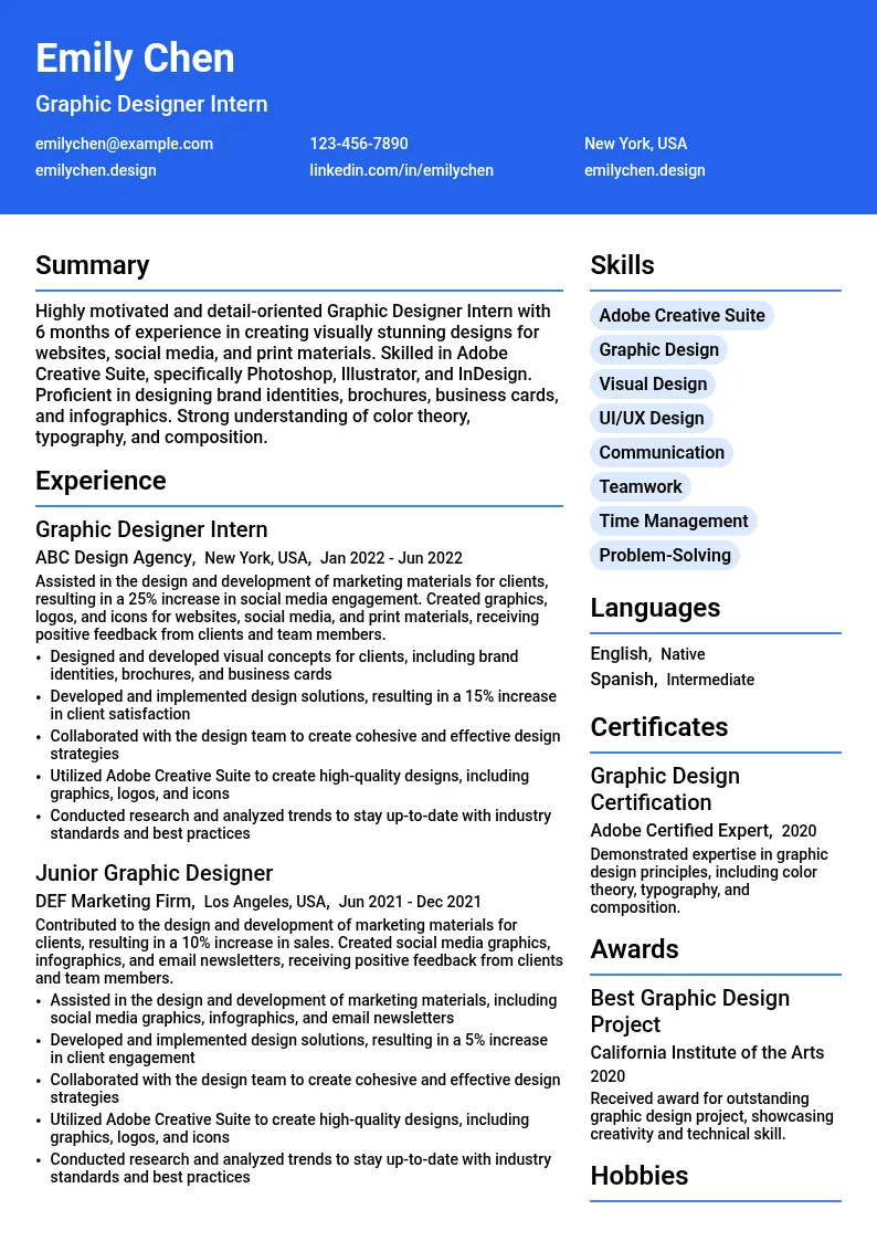 Graphic Designer Intern resume example