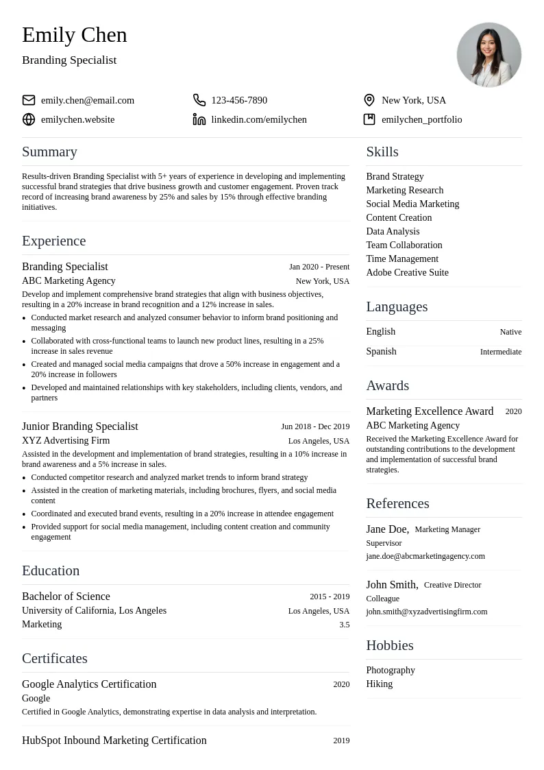 Branding Specialist resume example