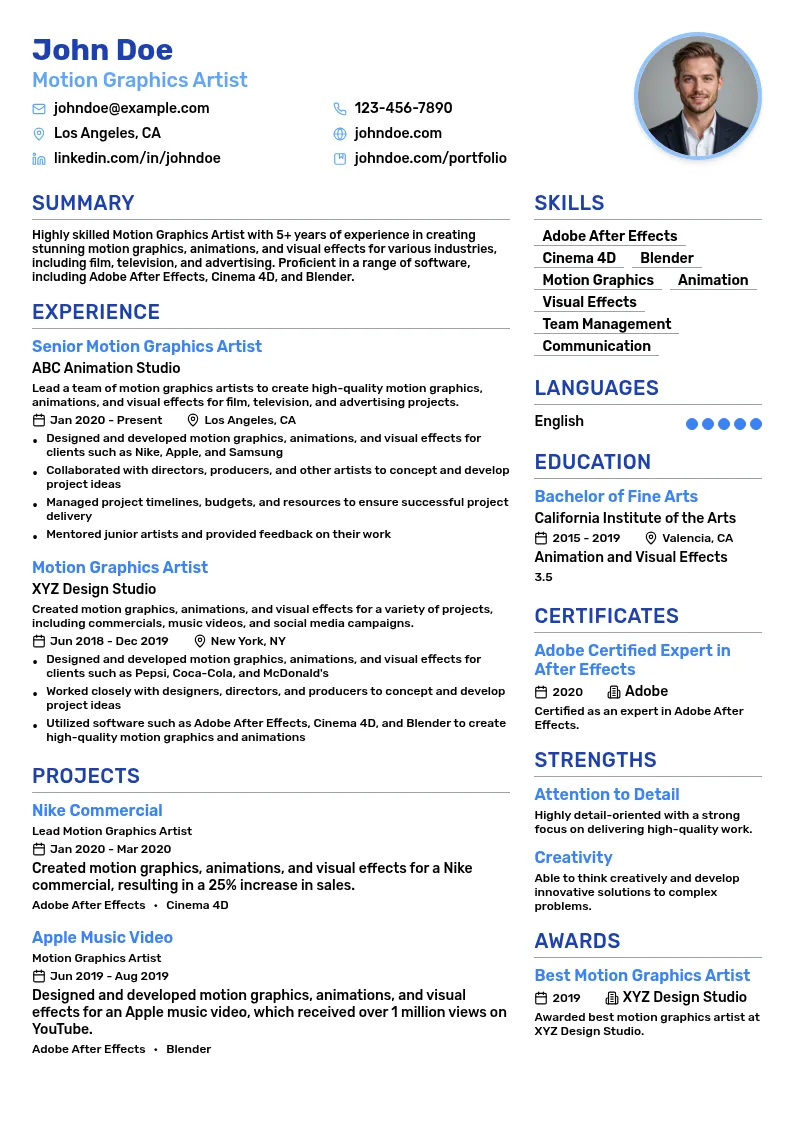 Motion Graphics Artist resume example