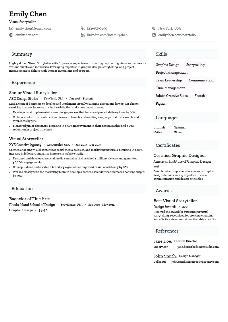 Visual Storyteller resume example