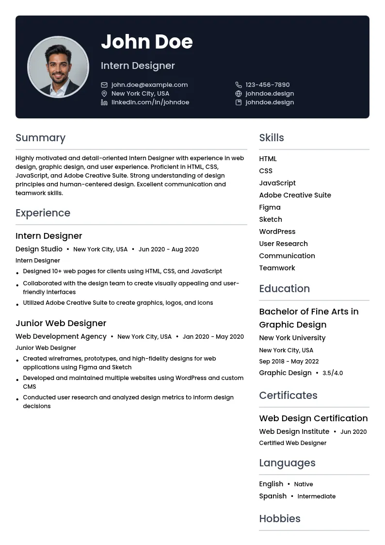 Intern Designer resume example
